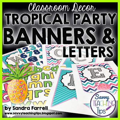 I love this tropical classroom decor.  It has cute flamingos, pineapples, and palm leaves.  It has fun bright colors too.  Get all the pieces in a bundle.