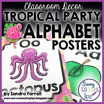 I love this tropical classroom decor.  It has cute flamingos, pineapples, and palm leaves.  It has fun bright colors too.  Get all the pieces in a bundle.