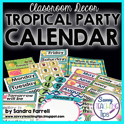 I love this tropical classroom decor.  It has cute flamingos, pineapples, and palm leaves.  It has fun bright colors too.  Get all the pieces in a bundle.